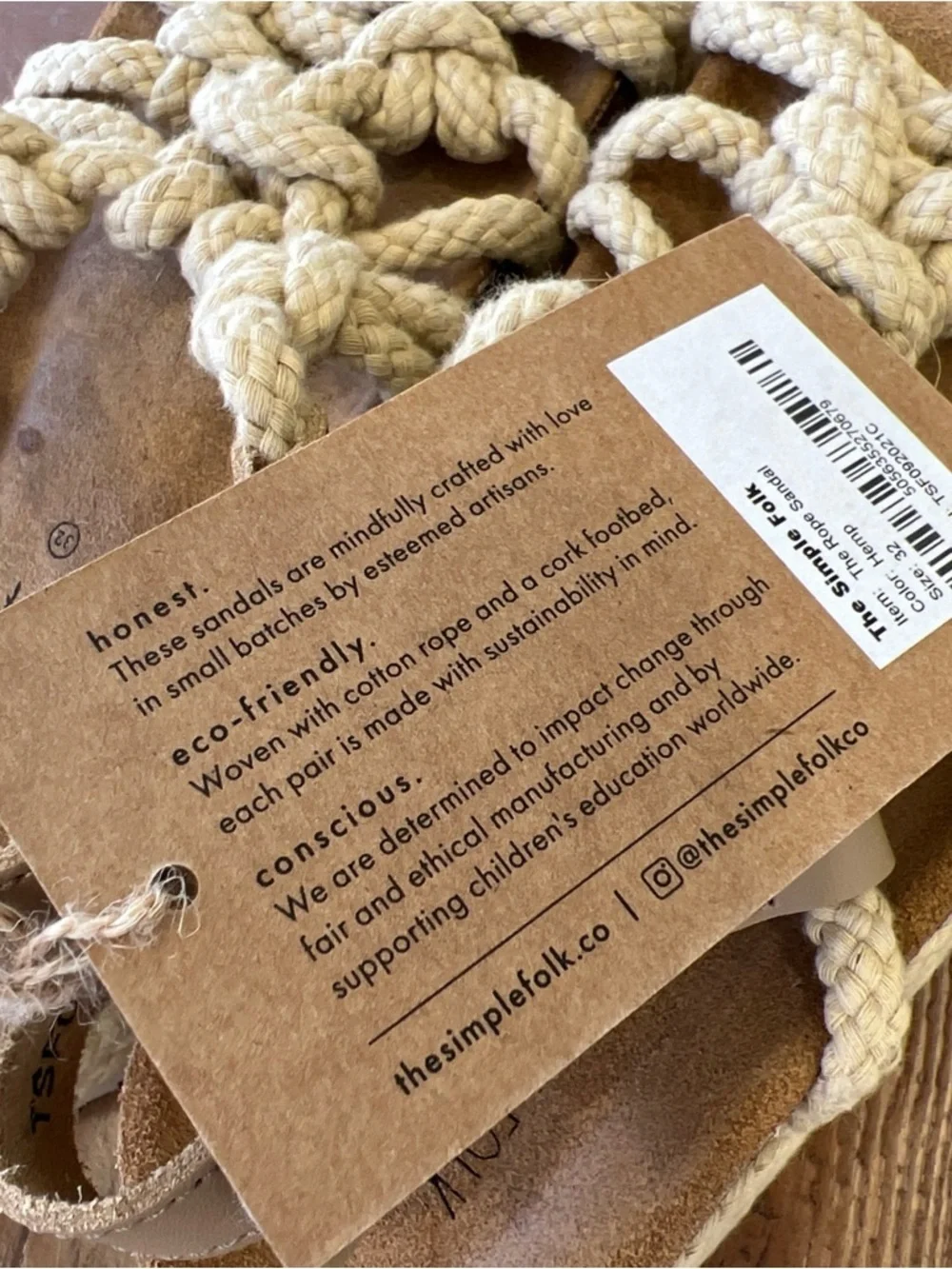 The Simple Folk The Rope Sandal Kids US 1 EU 32 Hemp Cork Bohemian Natural New